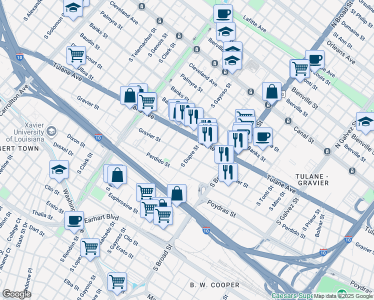 map of restaurants, bars, coffee shops, grocery stores, and more near 2913 Gravier Street in New Orleans