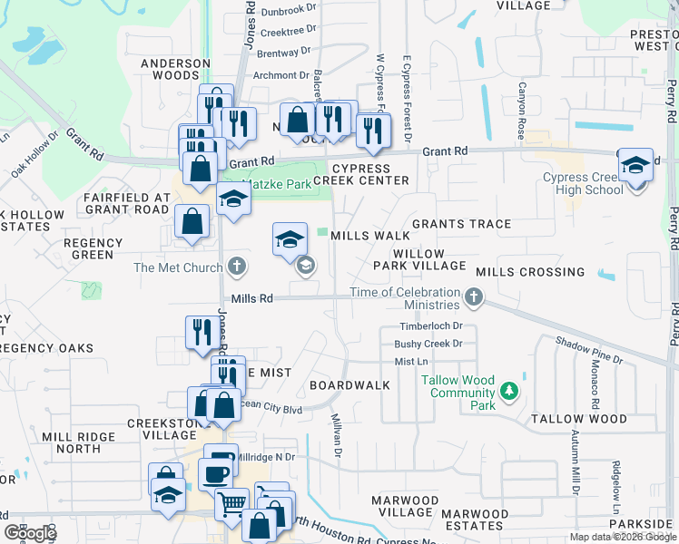 map of restaurants, bars, coffee shops, grocery stores, and more near 10651 Mills Circle in Houston