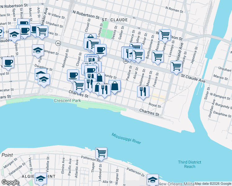 map of restaurants, bars, coffee shops, grocery stores, and more near 715 Independence Street in New Orleans