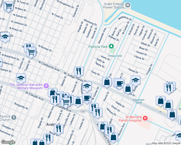map of restaurants, bars, coffee shops, grocery stores, and more near 7212 Prosperity Street in Arabi