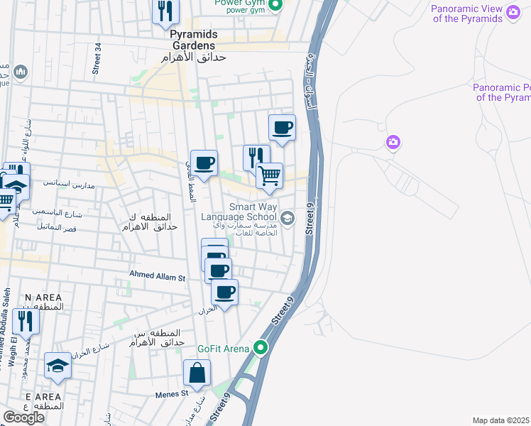 map of restaurants, bars, coffee shops, grocery stores, and more near in Pyramids Gardens