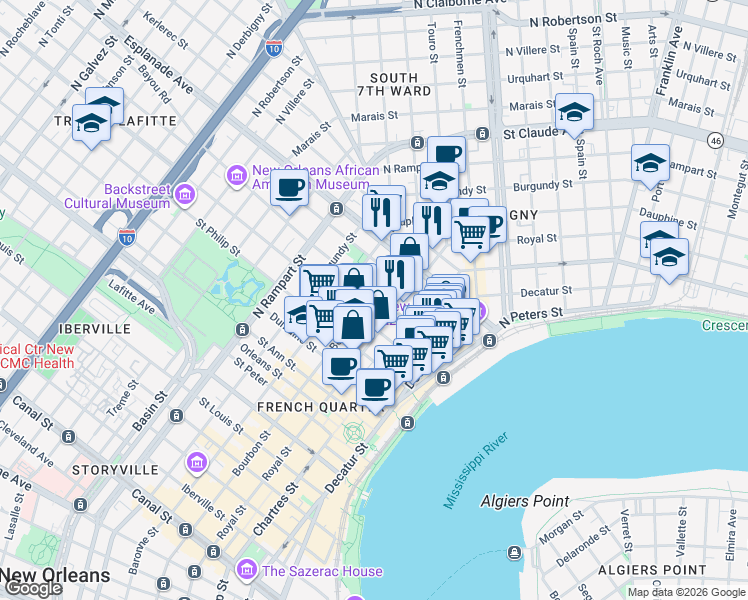 map of restaurants, bars, coffee shops, grocery stores, and more near 721 Governor Nicholls Street in New Orleans