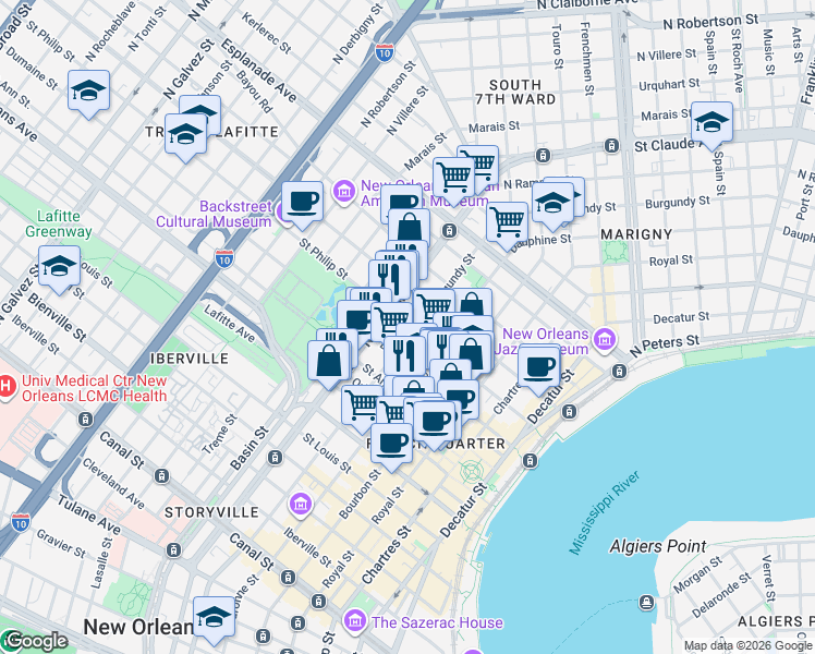 map of restaurants, bars, coffee shops, grocery stores, and more near 1020 Saint Philip Street in New Orleans