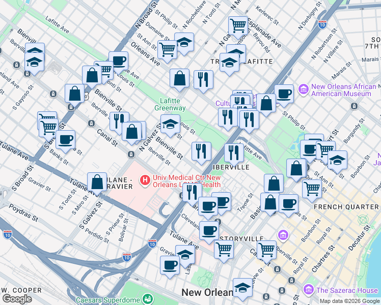map of restaurants, bars, coffee shops, grocery stores, and more near 317 North Roman Street in New Orleans