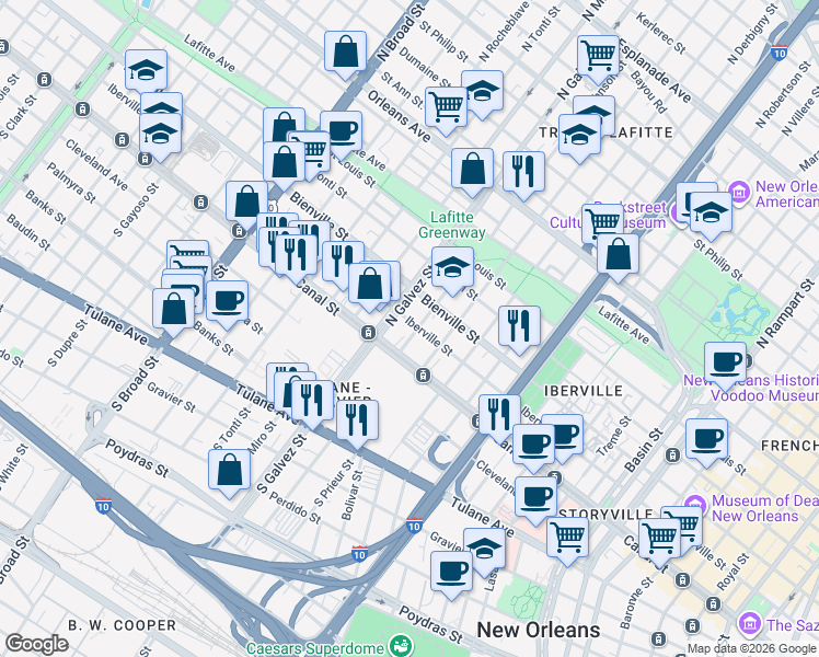 map of restaurants, bars, coffee shops, grocery stores, and more near 2112 Iberville Street in New Orleans
