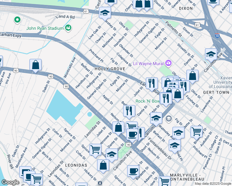 map of restaurants, bars, coffee shops, grocery stores, and more near 8701 Belfast Street in New Orleans