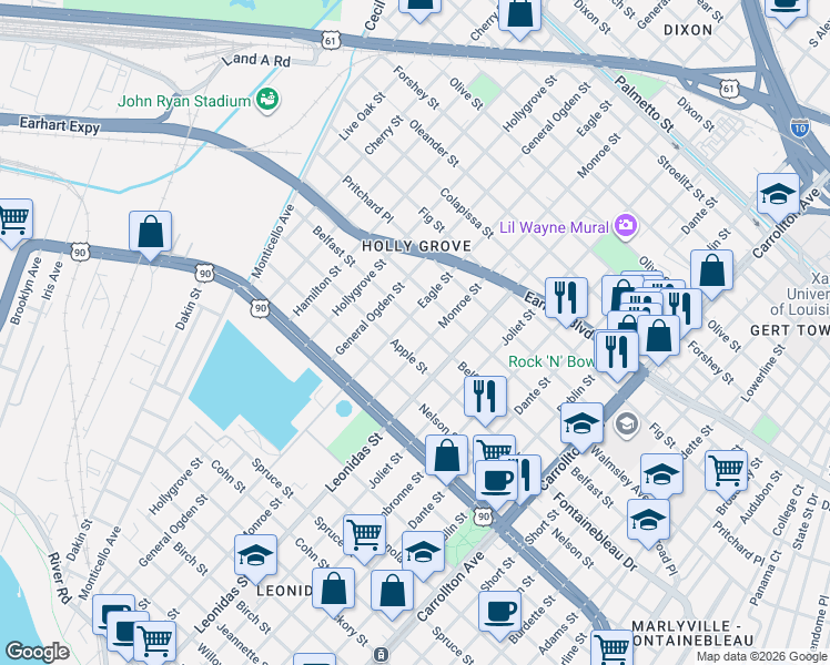map of restaurants, bars, coffee shops, grocery stores, and more near 2610 Eagle Street in New Orleans