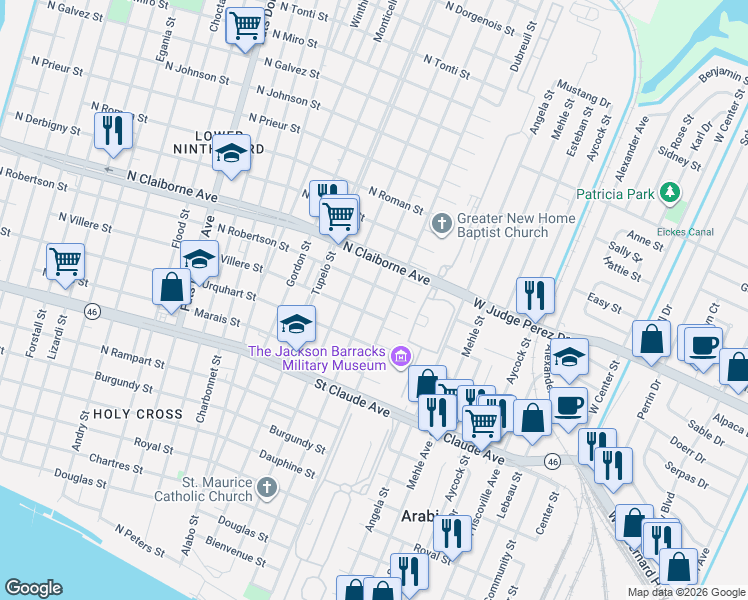 map of restaurants, bars, coffee shops, grocery stores, and more near 1423 Tricou Street in New Orleans