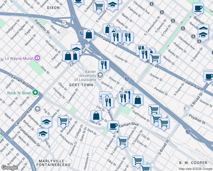 map of restaurants, bars, coffee shops, grocery stores, and more near 1001 South Telemachus Street in New Orleans