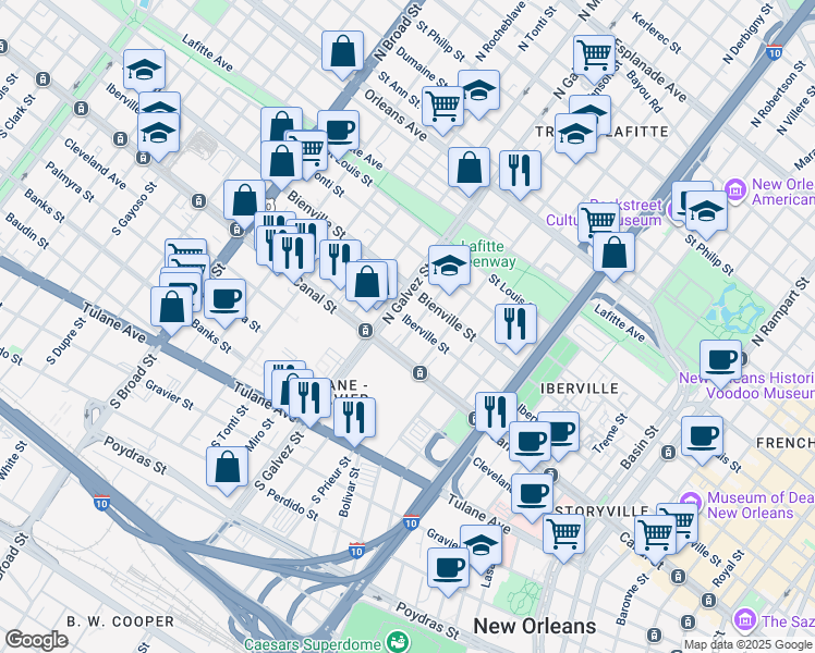 map of restaurants, bars, coffee shops, grocery stores, and more near 2112 Iberville Street in New Orleans