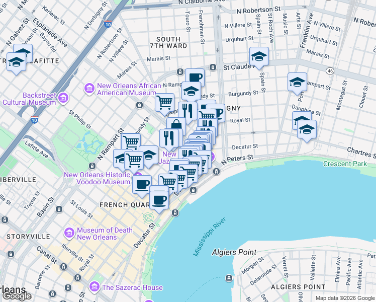 map of restaurants, bars, coffee shops, grocery stores, and more near 623 Barracks Street in New Orleans