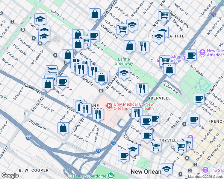 map of restaurants, bars, coffee shops, grocery stores, and more near 2112 Iberville Street in New Orleans