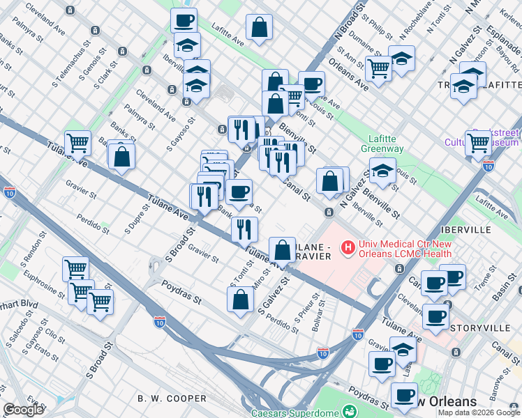 map of restaurants, bars, coffee shops, grocery stores, and more near 2525 Palmyra Street in New Orleans