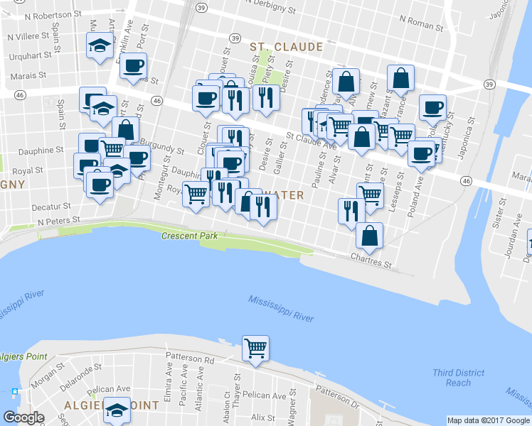 map of restaurants, bars, coffee shops, grocery stores, and more near Royal St & Gallier St in New Orleans