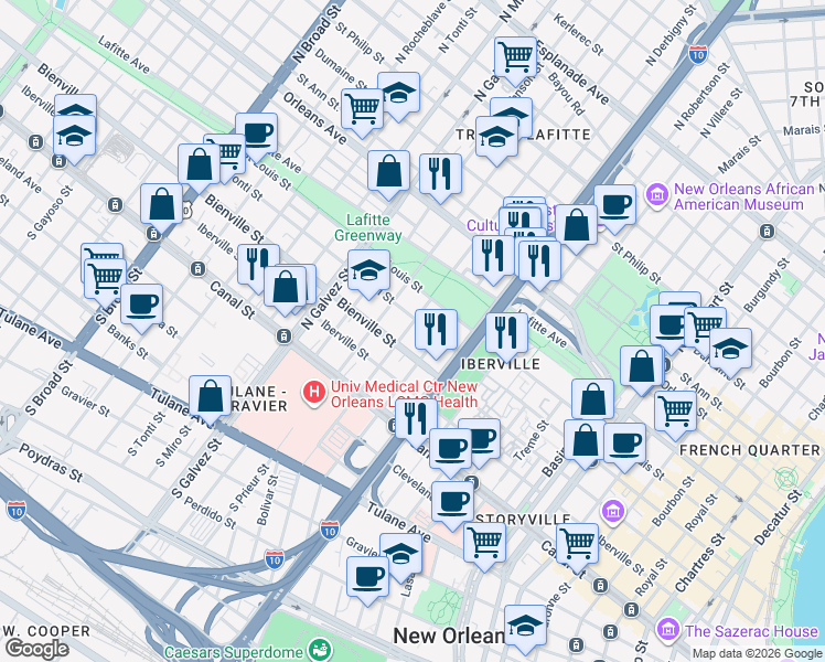 map of restaurants, bars, coffee shops, grocery stores, and more near 317 North Roman Street in New Orleans