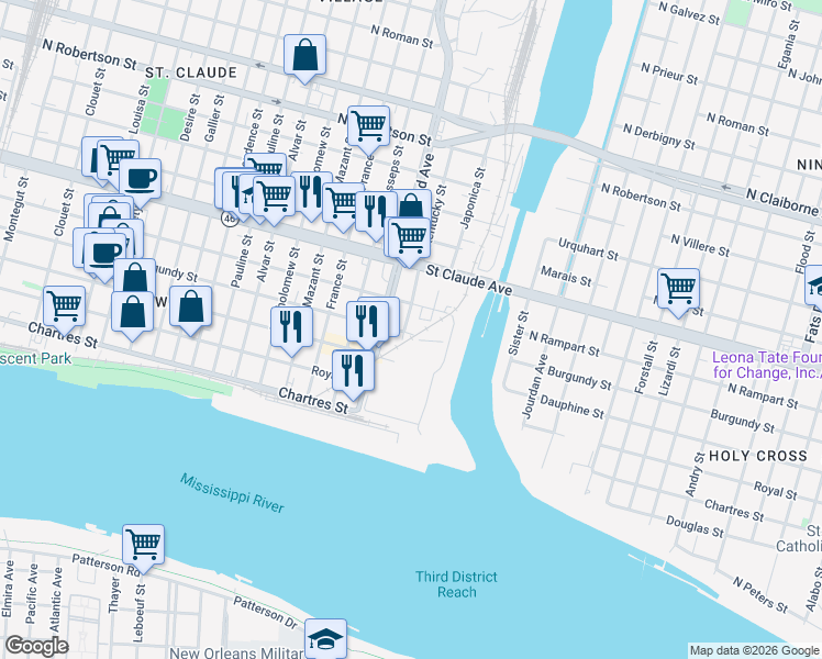 map of restaurants, bars, coffee shops, grocery stores, and more near 4501 Burgundy Street in New Orleans