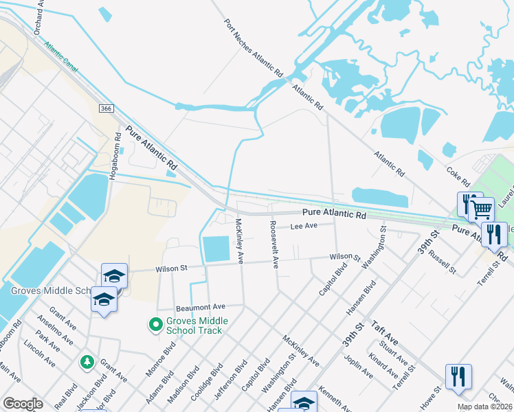map of restaurants, bars, coffee shops, grocery stores, and more near 4820 Farm to Market Road 366 in Groves