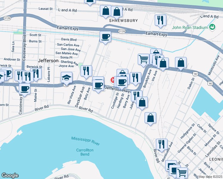 map of restaurants, bars, coffee shops, grocery stores, and more near 1440 Jefferson Highway in Jefferson
