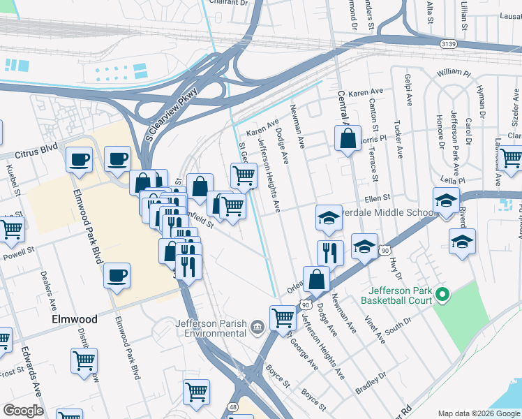 map of restaurants, bars, coffee shops, grocery stores, and more near 707 Pecan Grove Lane in New Orleans