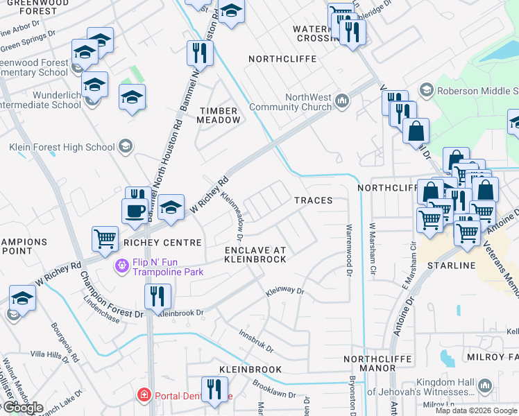 map of restaurants, bars, coffee shops, grocery stores, and more near 12614 Arbor Trellis Drive in Houston