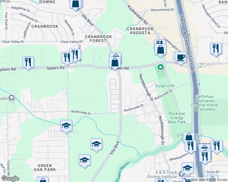 map of restaurants, bars, coffee shops, grocery stores, and more near 823 Green Pines Forest in Houston