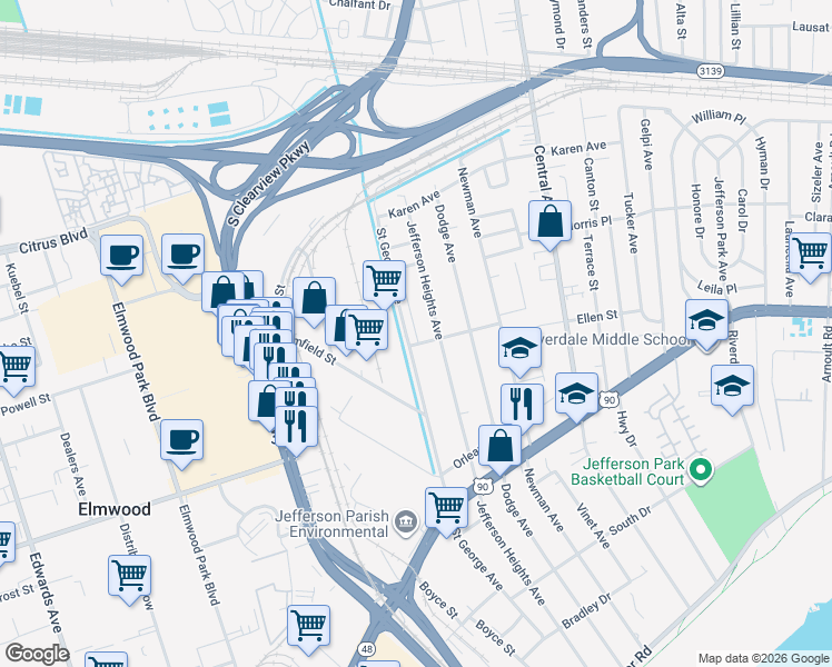 map of restaurants, bars, coffee shops, grocery stores, and more near 707 Pecan Grove Lane in New Orleans