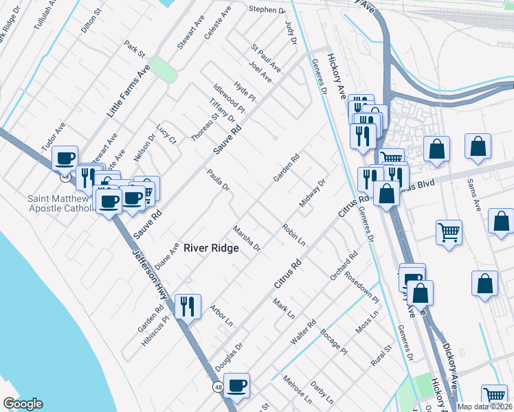 map of restaurants, bars, coffee shops, grocery stores, and more near 9628 Robin Lane in River Ridge