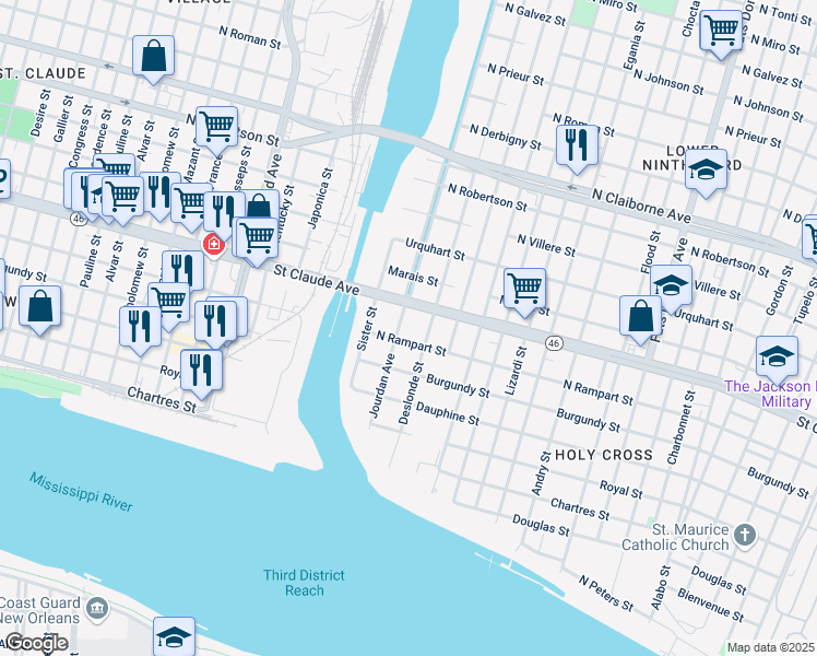 map of restaurants, bars, coffee shops, grocery stores, and more near 1007 Jourdan Avenue in New Orleans