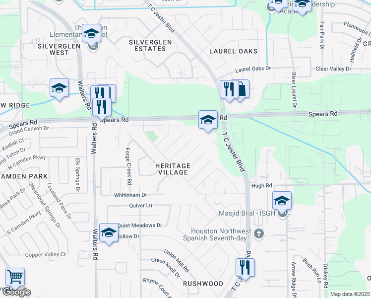 map of restaurants, bars, coffee shops, grocery stores, and more near 2435 Prides Crossing Road in Houston