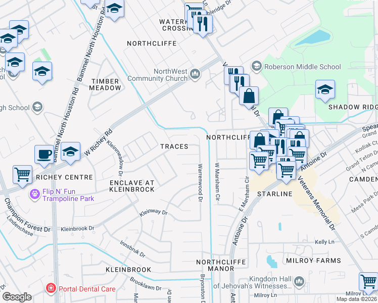 map of restaurants, bars, coffee shops, grocery stores, and more near 4326 Trace Mill Court in Houston