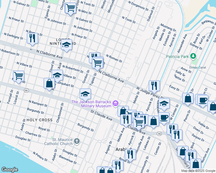 map of restaurants, bars, coffee shops, grocery stores, and more near 1423 Tricou Street in New Orleans