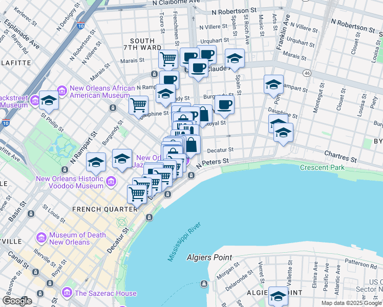 map of restaurants, bars, coffee shops, grocery stores, and more near 2122 Decatur Street in New Orleans