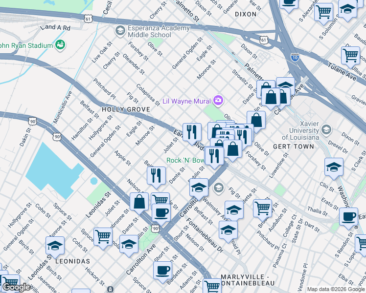 map of restaurants, bars, coffee shops, grocery stores, and more near 2940 Cambronne Street in New Orleans