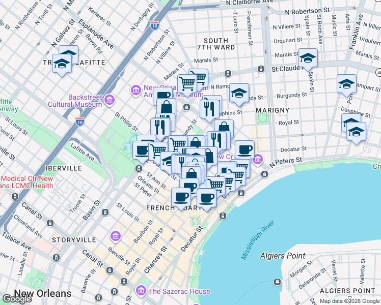 map of restaurants, bars, coffee shops, grocery stores, and more near 825 Ursulines Avenue in New Orleans