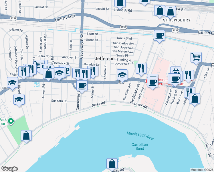 map of restaurants, bars, coffee shops, grocery stores, and more near 400 South Labarre Road in Jefferson