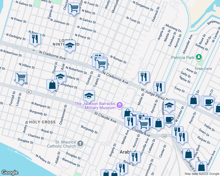 map of restaurants, bars, coffee shops, grocery stores, and more near 1423 Tricou Street in New Orleans