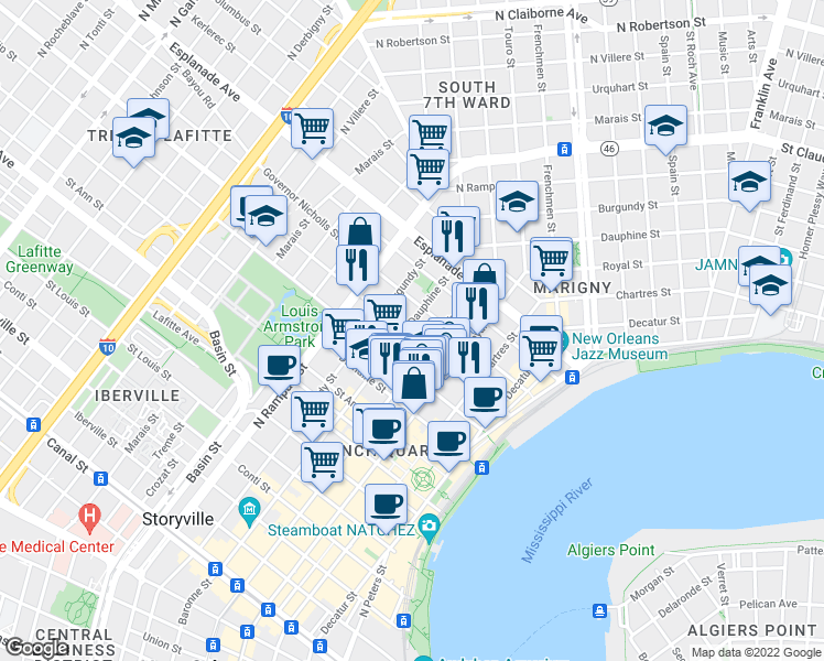 map of restaurants, bars, coffee shops, grocery stores, and more near 825 Ursulines Avenue in New Orleans