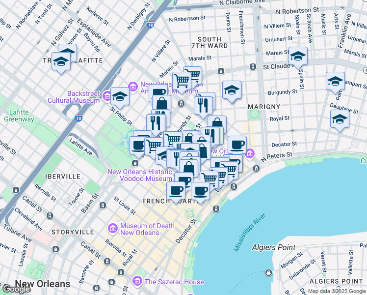 map of restaurants, bars, coffee shops, grocery stores, and more near 825 Ursulines Avenue in New Orleans