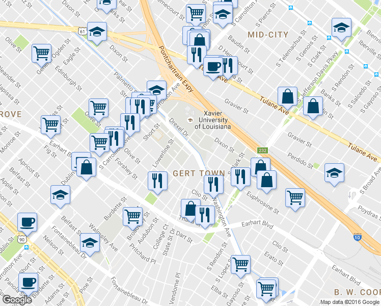map of restaurants, bars, coffee shops, grocery stores, and more near 7202 Washington Avenue in New Orleans