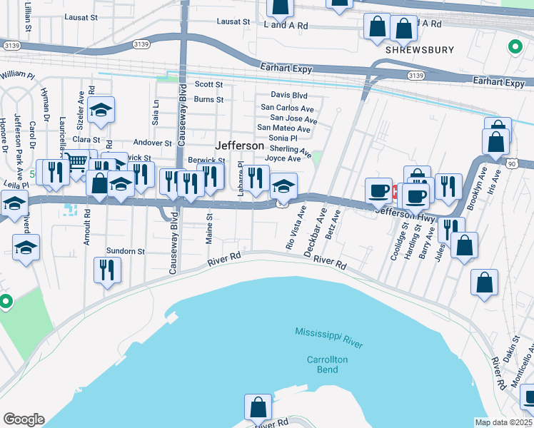 map of restaurants, bars, coffee shops, grocery stores, and more near 2200 Jefferson Highway in Jefferson