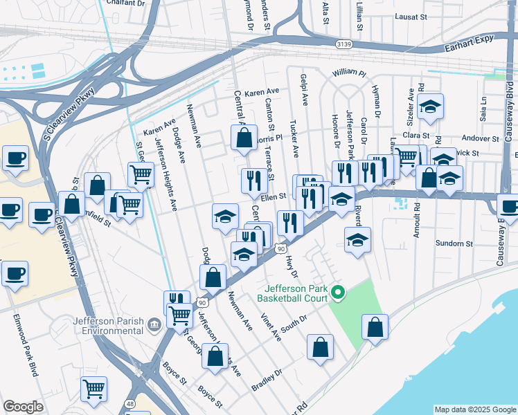 map of restaurants, bars, coffee shops, grocery stores, and more near 574 Central Avenue in Jefferson