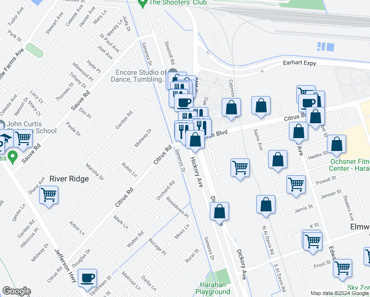 map of restaurants, bars, coffee shops, grocery stores, and more near 1640 Hickory Avenue in Harahan