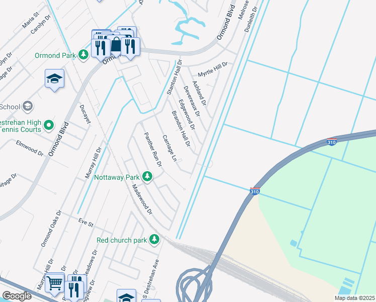 map of restaurants, bars, coffee shops, grocery stores, and more near 55 Brandon Hall Drive in Destrehan