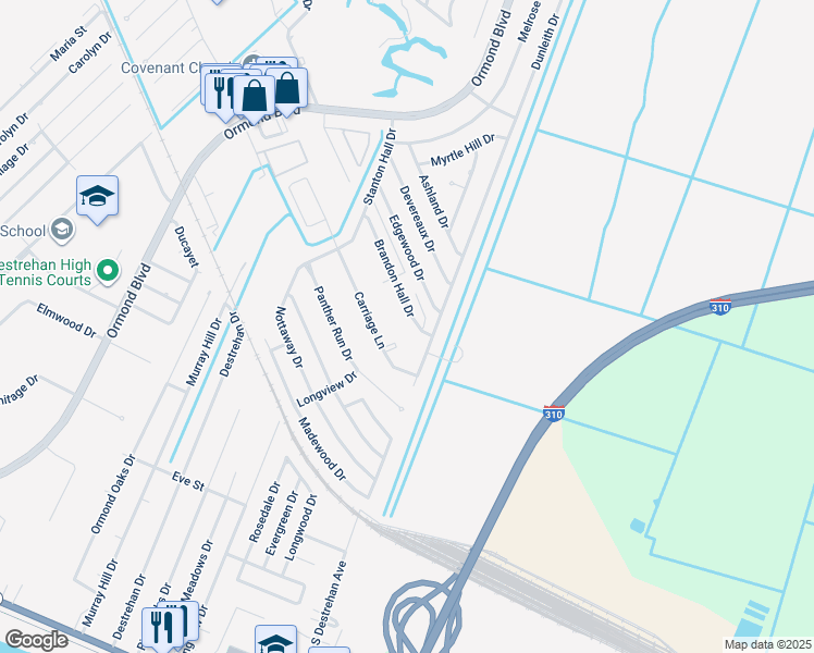 map of restaurants, bars, coffee shops, grocery stores, and more near 55 Brandon Hall Drive in Destrehan