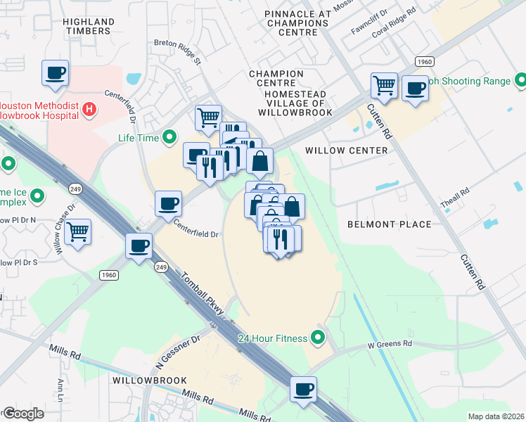 map of restaurants, bars, coffee shops, grocery stores, and more near 3000 Willowbrook Drive in Houston