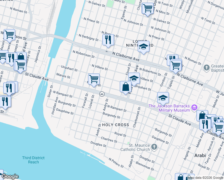 map of restaurants, bars, coffee shops, grocery stores, and more near 5404 Marais Street in New Orleans