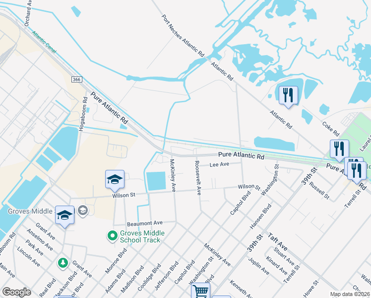 map of restaurants, bars, coffee shops, grocery stores, and more near 4820 Farm to Market Road 366 in Groves