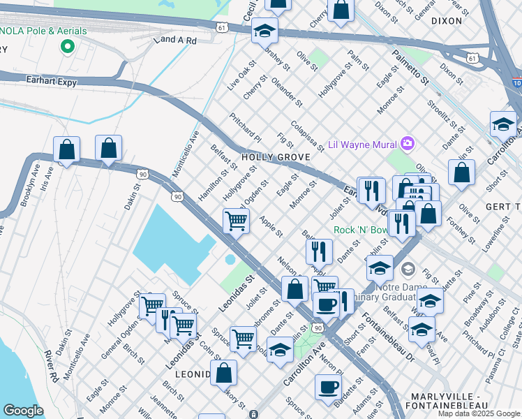 map of restaurants, bars, coffee shops, grocery stores, and more near 2610 Eagle Street in New Orleans