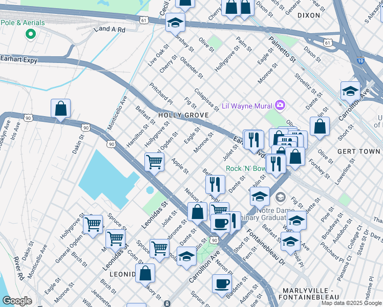 map of restaurants, bars, coffee shops, grocery stores, and more near 8701 Belfast Street in New Orleans