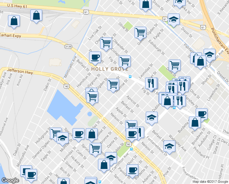 map of restaurants, bars, coffee shops, grocery stores, and more near 8703 Belfast Street in New Orleans